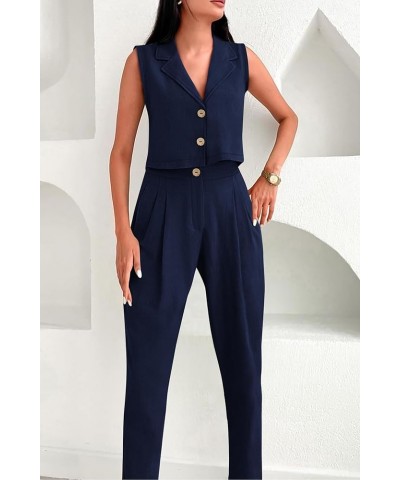 Women's Summer 2 Piece Blazer Outfit Casual Button V Neck Cropped Vest Tops High Waisted Pants Suit Set Dark Blue $15.22 Suits