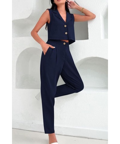 Women's Summer 2 Piece Blazer Outfit Casual Button V Neck Cropped Vest Tops High Waisted Pants Suit Set Dark Blue $15.22 Suits