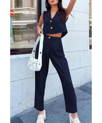 Women's Summer 2 Piece Blazer Outfit Casual Button V Neck Cropped Vest Tops High Waisted Pants Suit Set Dark Blue $15.22 Suits