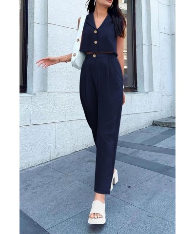 Women's Summer 2 Piece Blazer Outfit Casual Button V Neck Cropped Vest Tops High Waisted Pants Suit Set Dark Blue $15.22 Suits