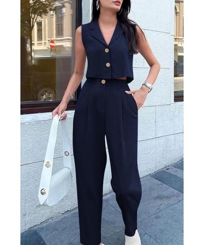 Women's Summer 2 Piece Blazer Outfit Casual Button V Neck Cropped Vest Tops High Waisted Pants Suit Set Dark Blue $15.22 Suits