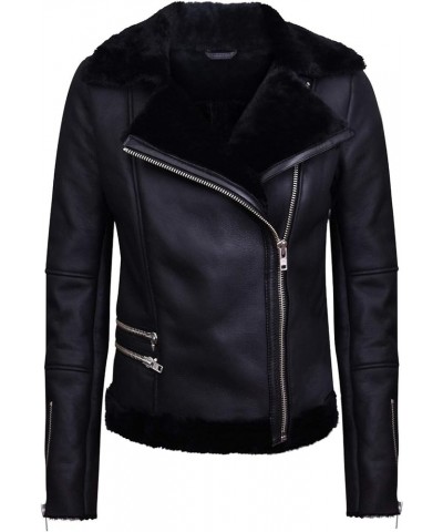 Women's Black Leather Shearling Sheepskin Biker Jacket Black $122.45 Coats