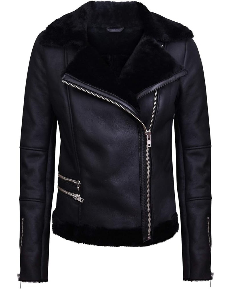 Women's Black Leather Shearling Sheepskin Biker Jacket Black $122.45 Coats