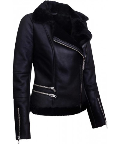 Women's Black Leather Shearling Sheepskin Biker Jacket Black $122.45 Coats