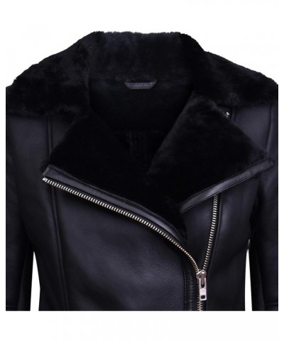 Women's Black Leather Shearling Sheepskin Biker Jacket Black $122.45 Coats