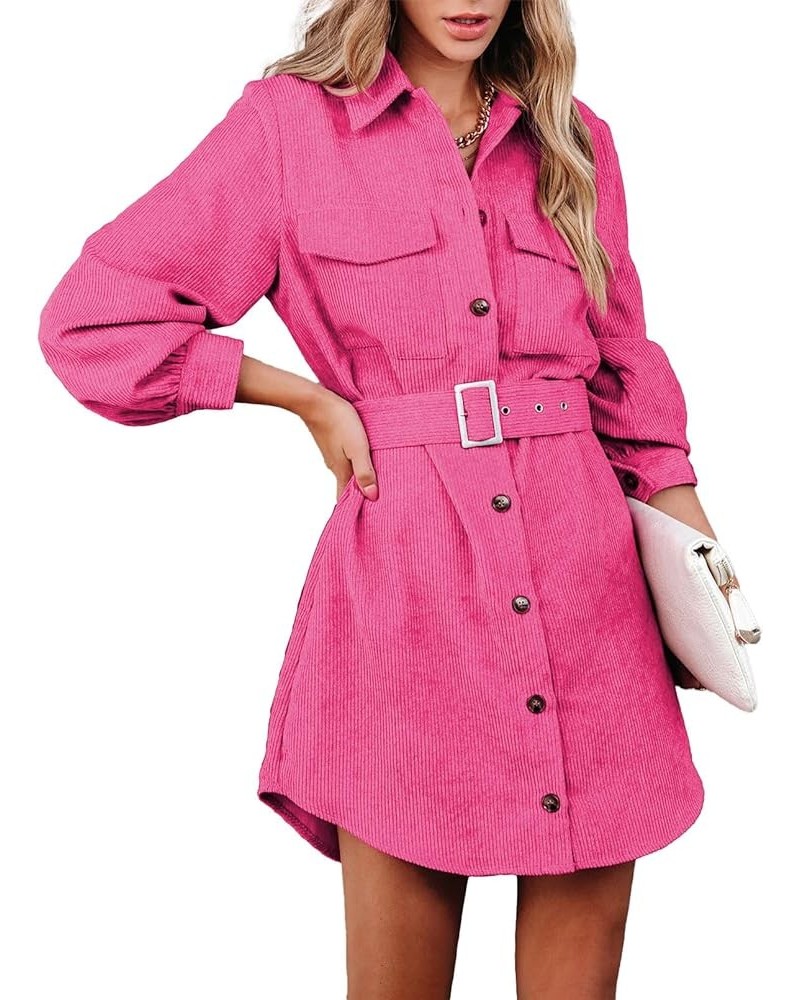 Women's Corduroy Dress Button Down Long Sleeve Mini Dress Lapel Belted Fall Casual Jacket Shirt Dress with Pockets Fuchsia $2...