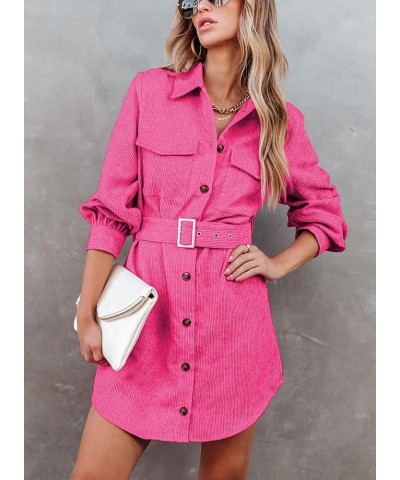 Women's Corduroy Dress Button Down Long Sleeve Mini Dress Lapel Belted Fall Casual Jacket Shirt Dress with Pockets Fuchsia $2...