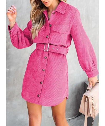 Women's Corduroy Dress Button Down Long Sleeve Mini Dress Lapel Belted Fall Casual Jacket Shirt Dress with Pockets Fuchsia $2...