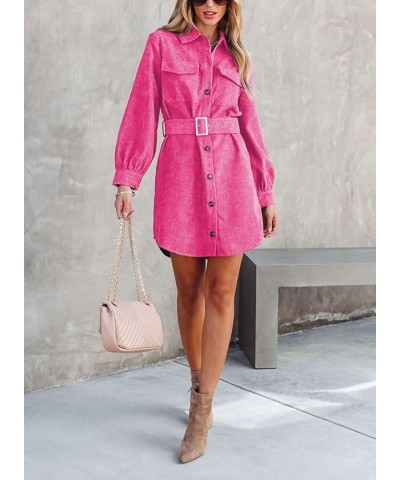 Women's Corduroy Dress Button Down Long Sleeve Mini Dress Lapel Belted Fall Casual Jacket Shirt Dress with Pockets Fuchsia $2...