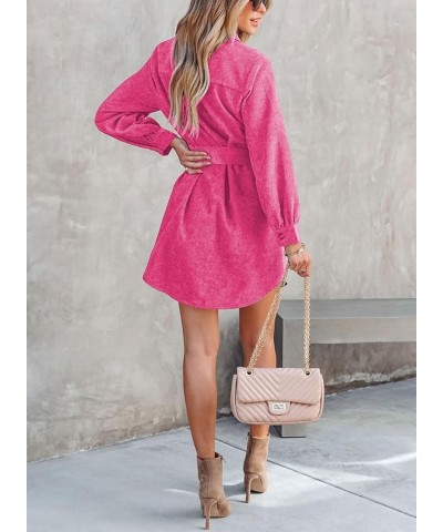 Women's Corduroy Dress Button Down Long Sleeve Mini Dress Lapel Belted Fall Casual Jacket Shirt Dress with Pockets Fuchsia $2...