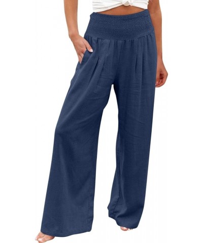 Linen Pants for Women Wide Leg Casual Summer Elastic High Waisted Palazzo Pant Baggy Flowy Beach Trousers with Pocket A17 Nav...