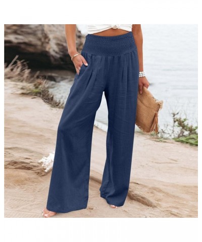 Linen Pants for Women Wide Leg Casual Summer Elastic High Waisted Palazzo Pant Baggy Flowy Beach Trousers with Pocket A17 Nav...