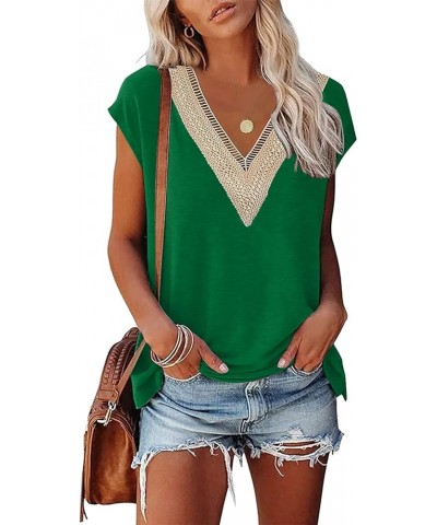 Womens Cap Sleeve Summer Tops Trendy Tank Tops Lace V Neck Loose Fit Shirts A06-green $7.50 Tanks