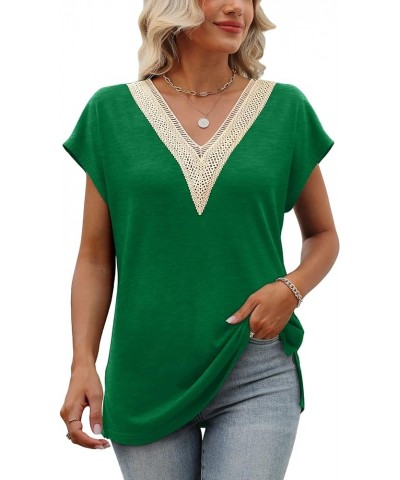 Womens Cap Sleeve Summer Tops Trendy Tank Tops Lace V Neck Loose Fit Shirts A06-green $7.50 Tanks