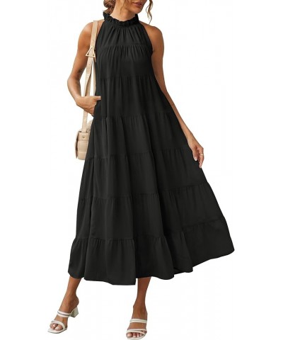 Women's 2024 Summer Maxi Dress Casual Floral Tiered Flowy Long Sundress Halter Sleeveless Boho Beach Dresses C-black $27.02 D...