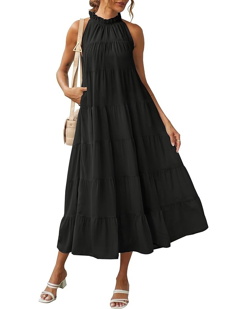 Women's 2024 Summer Maxi Dress Casual Floral Tiered Flowy Long Sundress Halter Sleeveless Boho Beach Dresses C-black $27.02 D...