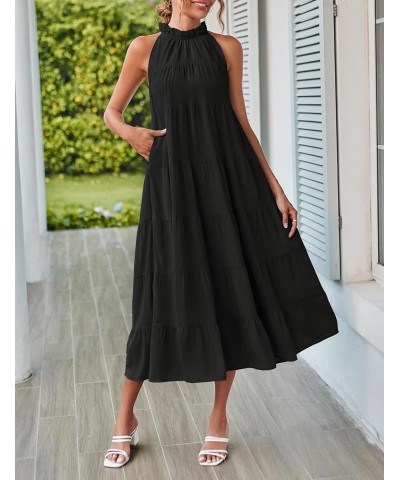 Women's 2024 Summer Maxi Dress Casual Floral Tiered Flowy Long Sundress Halter Sleeveless Boho Beach Dresses C-black $27.02 D...