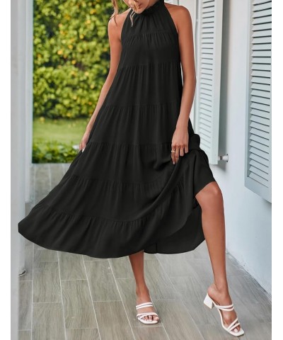 Women's 2024 Summer Maxi Dress Casual Floral Tiered Flowy Long Sundress Halter Sleeveless Boho Beach Dresses C-black $27.02 D...