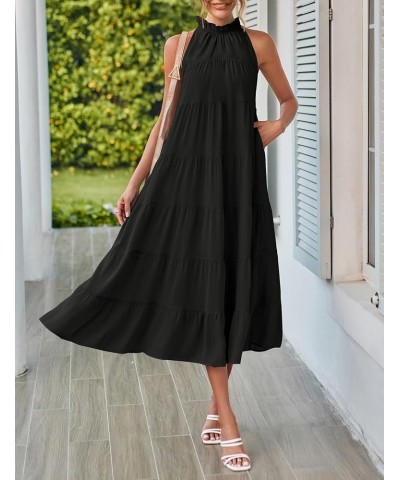 Women's 2024 Summer Maxi Dress Casual Floral Tiered Flowy Long Sundress Halter Sleeveless Boho Beach Dresses C-black $27.02 D...