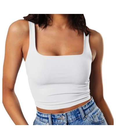 Women's Sleeveless Sexy Tank Square Neck Double Layer Trendy Casual Basic Crop Tops White $10.99 Tops