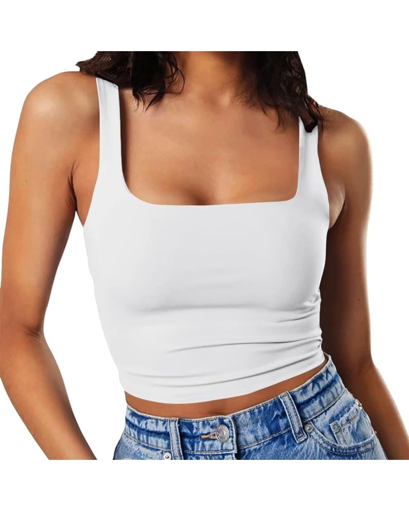 Women's Sleeveless Sexy Tank Square Neck Double Layer Trendy Casual Basic Crop Tops White $10.99 Tops