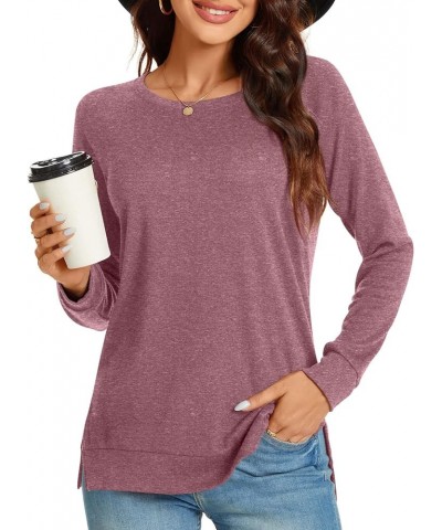Women's Casual Long Sleeve Tops Lace Hem T-Shirt Side Split Tunic 01 Brown Red $13.24 Tops