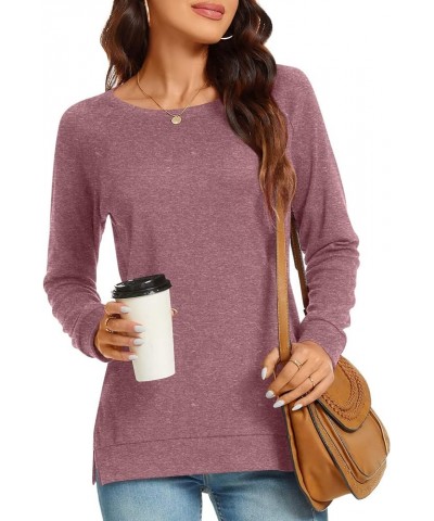 Women's Casual Long Sleeve Tops Lace Hem T-Shirt Side Split Tunic 01 Brown Red $13.24 Tops