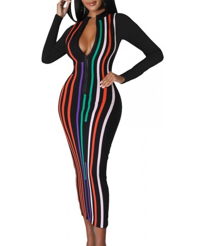 Women's Sexy Stretchy Midi Dress Long Sleeve Bodycon Print Party Club Dresses Stripe Black $15.20 Dresses