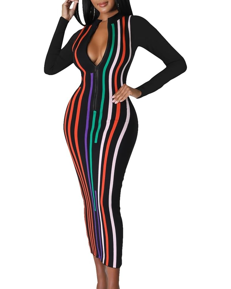 Women's Sexy Stretchy Midi Dress Long Sleeve Bodycon Print Party Club Dresses Stripe Black $15.20 Dresses