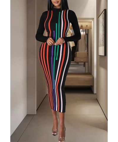 Women's Sexy Stretchy Midi Dress Long Sleeve Bodycon Print Party Club Dresses Stripe Black $15.20 Dresses