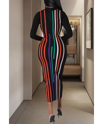 Women's Sexy Stretchy Midi Dress Long Sleeve Bodycon Print Party Club Dresses Stripe Black $15.20 Dresses