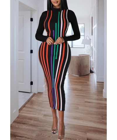 Women's Sexy Stretchy Midi Dress Long Sleeve Bodycon Print Party Club Dresses Stripe Black $15.20 Dresses