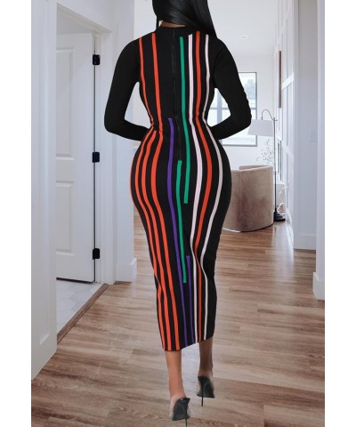 Women's Sexy Stretchy Midi Dress Long Sleeve Bodycon Print Party Club Dresses Stripe Black $15.20 Dresses