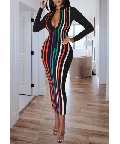 Women's Sexy Stretchy Midi Dress Long Sleeve Bodycon Print Party Club Dresses Stripe Black $15.20 Dresses