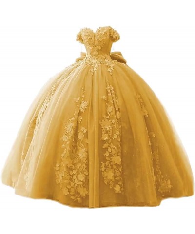 Women's 3D Flowers Quinceanera Dresses Lace Beaded Sweet 15 16 Dress Off Shoulder Prom Ball Gowns Gold $53.58 Dresses