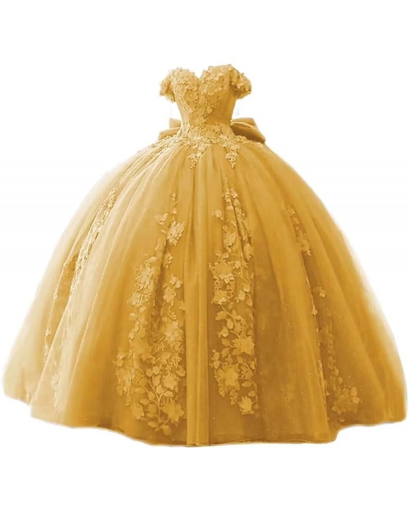 Women's 3D Flowers Quinceanera Dresses Lace Beaded Sweet 15 16 Dress Off Shoulder Prom Ball Gowns Gold $53.58 Dresses