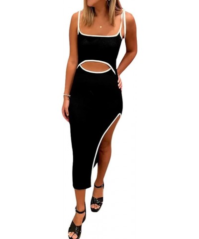 Women Strapless Knitted Cutout Long Dress Sleeveless Striped Backless Bodycon Cocktail Party Night Out Midi Dress Black $12.1...