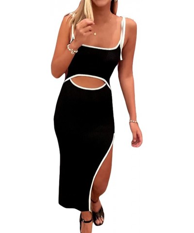 Women Strapless Knitted Cutout Long Dress Sleeveless Striped Backless Bodycon Cocktail Party Night Out Midi Dress Black $12.1...