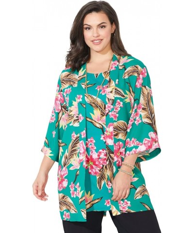 Women's Plus Size Alfresco Long Kimono Clover Green Tropical Floral $31.03 Sweaters