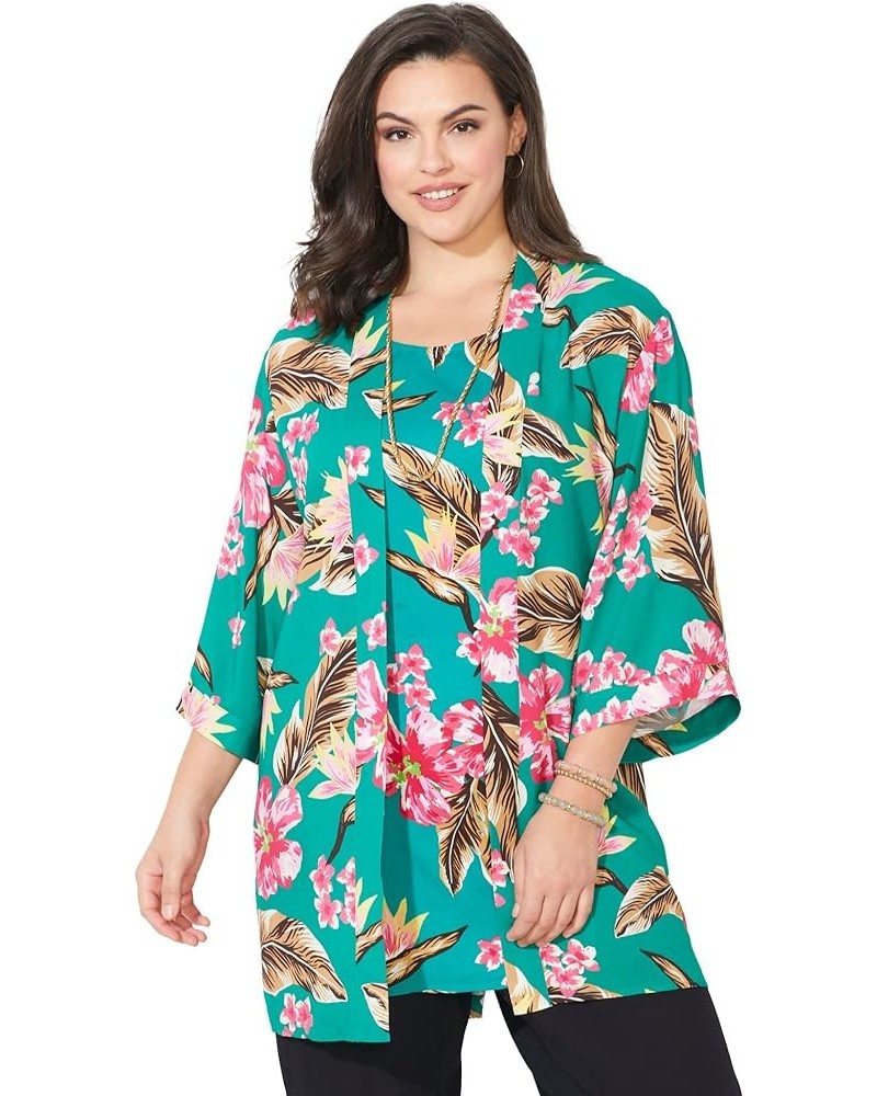 Women's Plus Size Alfresco Long Kimono Clover Green Tropical Floral $31.03 Sweaters