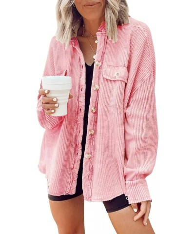 Womens Waffle Knit Jacket Long Sleeve Oversized Batwing Button Down Blouse Shacket Tops 83pink $11.95 Jackets