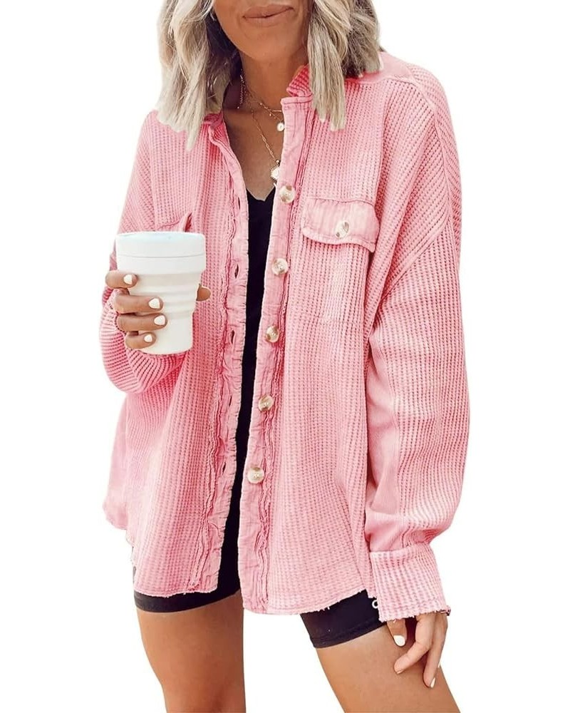 Womens Waffle Knit Jacket Long Sleeve Oversized Batwing Button Down Blouse Shacket Tops 83pink $11.95 Jackets