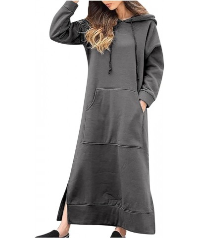 Womens Long Sleeve Sweatshirt Casual Solid Hoodie Maxi Dress Split Hem Drawstring Hooded Long Dress with Kangaroo Pocket Adar...