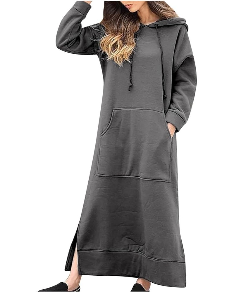 Womens Long Sleeve Sweatshirt Casual Solid Hoodie Maxi Dress Split Hem Drawstring Hooded Long Dress with Kangaroo Pocket Adar...