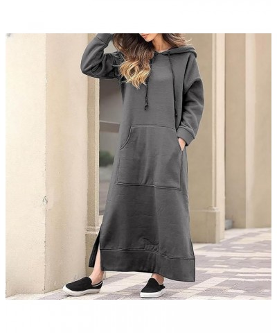 Womens Long Sleeve Sweatshirt Casual Solid Hoodie Maxi Dress Split Hem Drawstring Hooded Long Dress with Kangaroo Pocket Adar...