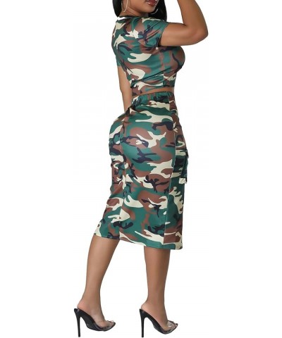 Women's 2 Piece Outfits Camo Print Short Sleeve Crop Top High Slit Bodycon Midi Skirt with Pockets Green $20.09 Suits