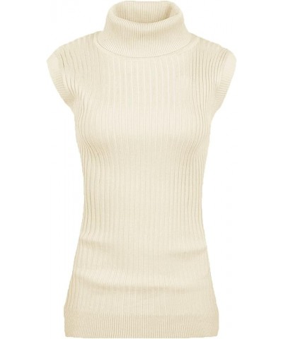 Women Sleeveless High Neck Turtleneck Stretchable Knit Sweater Top Beige $17.53 Sweaters