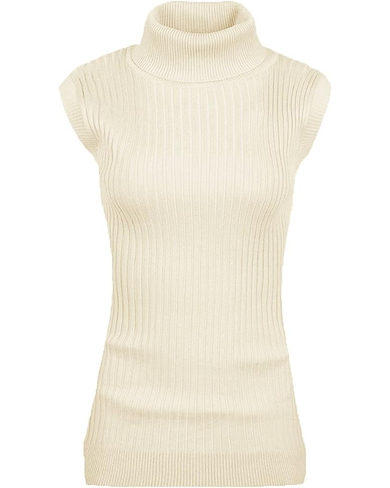 Women Sleeveless High Neck Turtleneck Stretchable Knit Sweater Top Beige $17.53 Sweaters