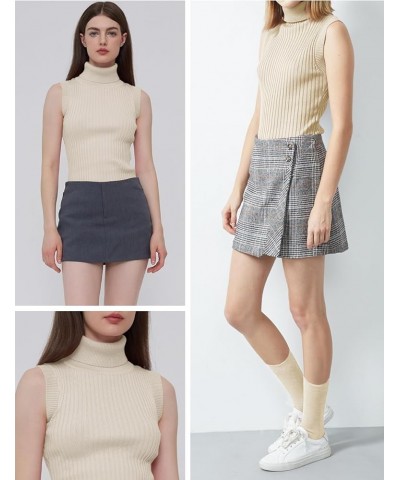 Women Sleeveless High Neck Turtleneck Stretchable Knit Sweater Top Beige $17.53 Sweaters