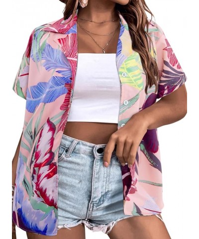 Women Plus Size Hawaii Shirts V Neck Floral Tropical Printed Tops Summer Short Sleeve Front Button Up Shirts (1X-5X) Pink Pri...